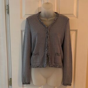 Women’s Anneclaire Fringed Edge Textured Knit Cardigan Black and White, size 42